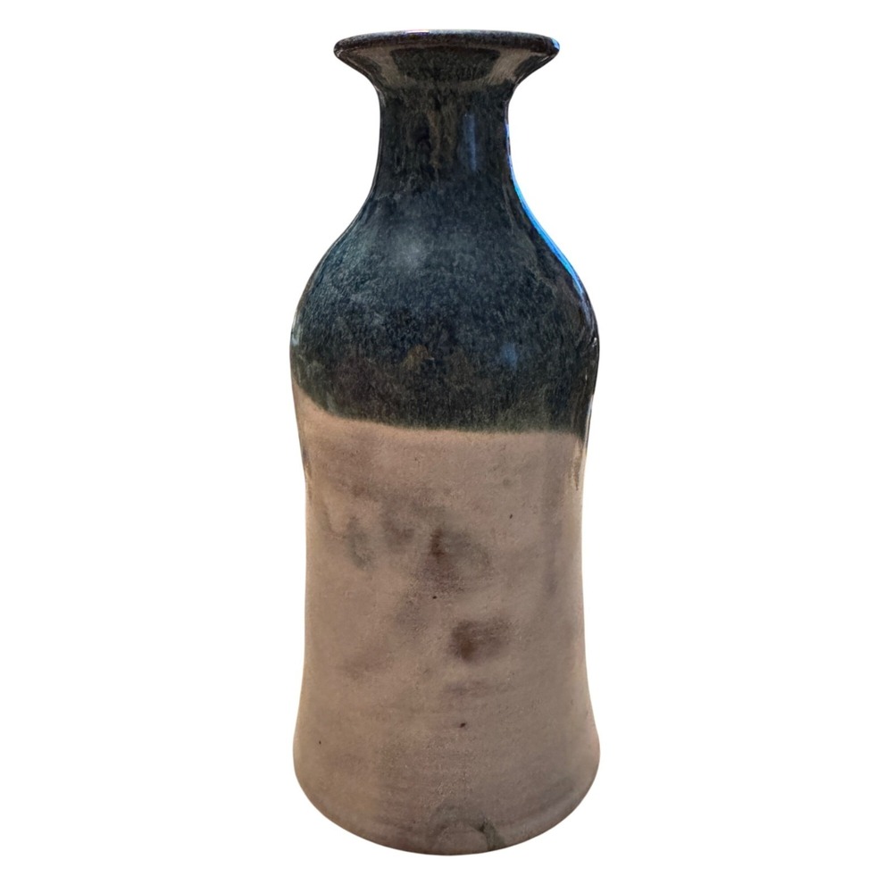 Handmade Studio Art Pottery Vase Blue Beige Signed by Artist 7.5 inches